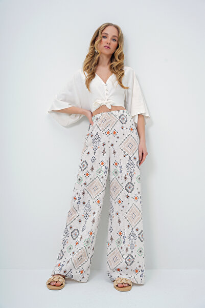 Trend Alaçatı Stili Women's Beige Ethnic Patterned Linen Trousers with Elastic Waist Alc-X13631
