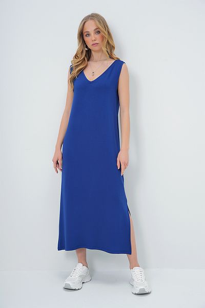 Trend Alaçatı Stili Γυναικείο πλεκτό καλοκαιρινό φόρεμα Navy Blue με λαιμόκοψη V με χοντρές τιράντες - ALC-X13569