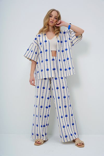 Trend Alaçatı Stili Saks Floral Print Linen Set - Double Sleeve Kimono and Palazzo Pants Alc-X13630