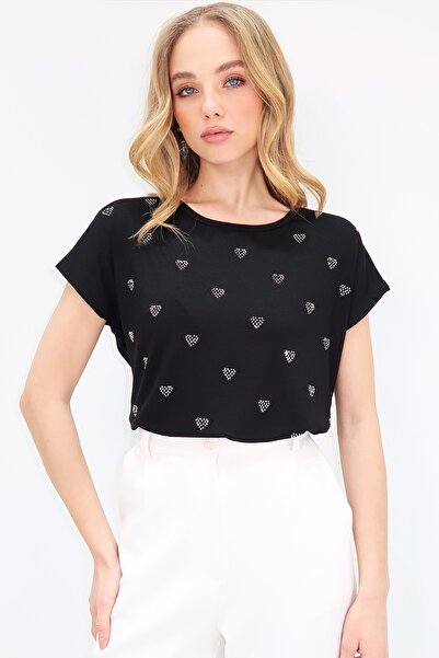 Trend Alaçatı Stili Dámské černé tričko s výstřihem srdce se vzorem kamene s nulovým rukávem ALC-X13539