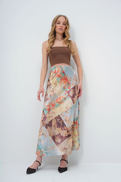 Trend Alaçatı Stili Braun-blauer langer Rock mit Blumendruck und elastischer Taille für Damen ALC-X13386