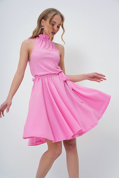Trend Alaçatı Stili Rosafarbenes, ausgestelltes Damenkleid mit Kordelzug und Gürtel ALC-771-001