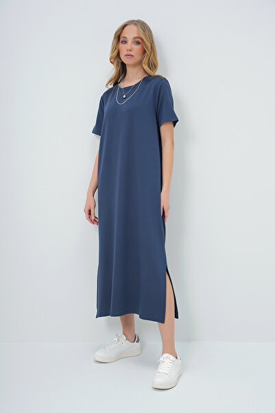 Trend Alaçatı Stili Γυναικείο πλεκτό φόρεμα με λαιμόκοψη Indigo με κοντό μανίκι ALC-X13571
