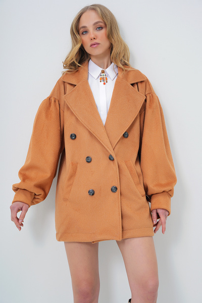 Trend Alaçatı Stili Women's Tan Double Breasted Collar Balloon Sleeve Stamp Coat Alc-X10913