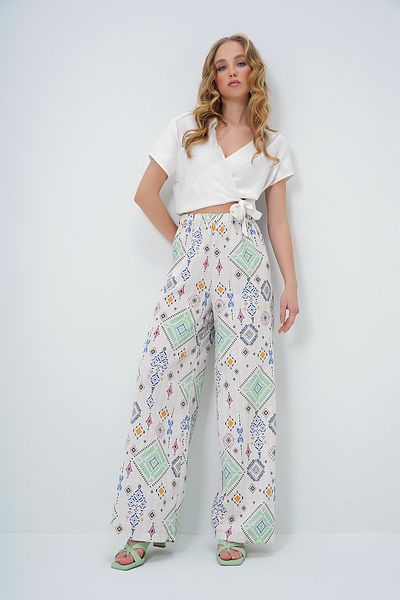 Trend Alaçatı Stili Pantaloni de in pentru femei, verzi, cu model etnic, cu talie elastică ALC-X13631