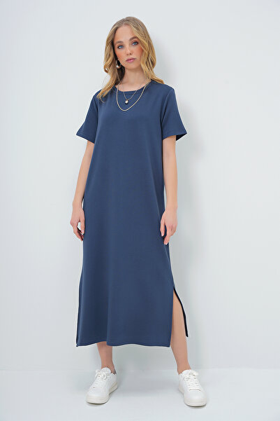 Trend Alaçatı Stili Γυναικείο πλεκτό φόρεμα με λαιμόκοψη Indigo με κοντό μανίκι ALC-X13571