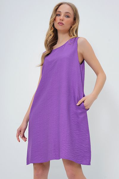 Trend Alaçatı Stili Women's Purple U Neck Zero Sleeve Double Pocket Aerobin Summer Dress Alc-X13575