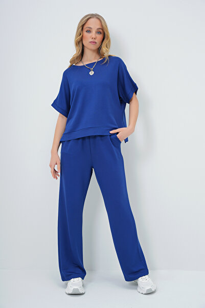 Trend Alaçatı Stili Sötétkék félujjú hasított blúz és zsebes nadrág szett - ALC-X13572