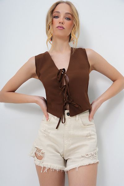 Trend Alaçatı Stili Braune, mit Schnürung gefütterte Sommerweste für Damen ALC-X13504