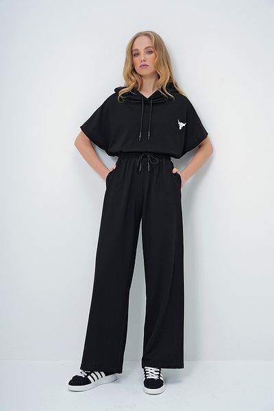 Trend Alaçatı Stili Μαύρη κουκούλα Oversize Crop Top και Σετ παντελονιού διπλής τσέπης - ALC-X13633