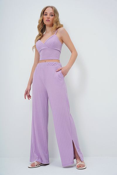 Trend Alaçatı Stili Fliederfarbenes zweireihiges Bustier- und Palazzo-Hosen-Set mit Schlitz – verstellbarer Seilträger ALC-X13577