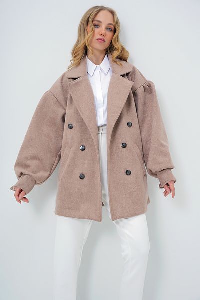 Trend Alaçatı Stili Women's Brown Double Breasted Collar Balloon Sleeve Stamp Coat Alc-X10913