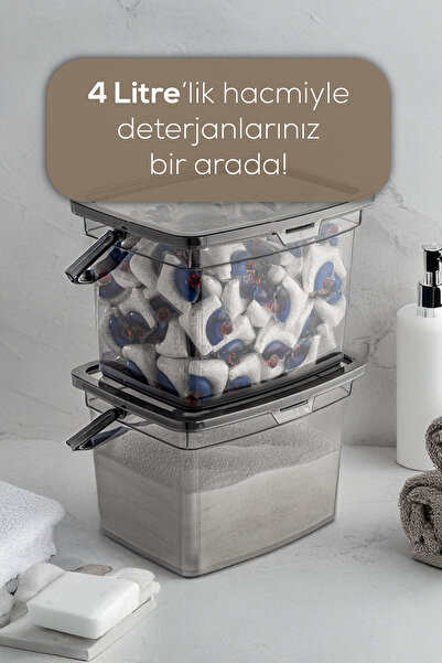 Vienev 2'li 4 Litre Beyaz Serigrafi Etiketli Deterjanlık Saklama Kutusu Kabı Antrasit