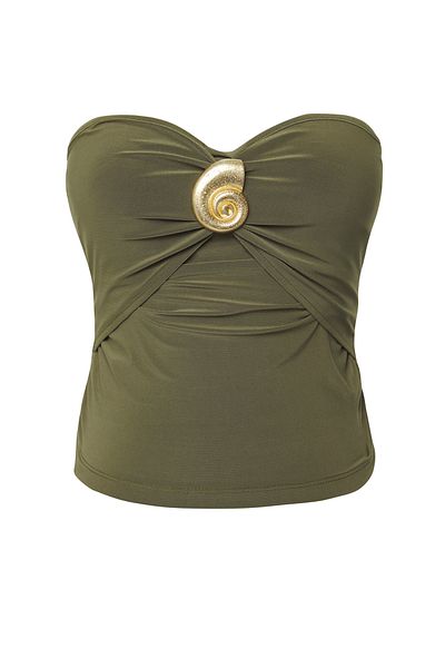 Trendyol Collection Trägerlose, khakifarbene Strickbluse – limitierte Auflage mit Zubehördetail TPRSS25BZ00032