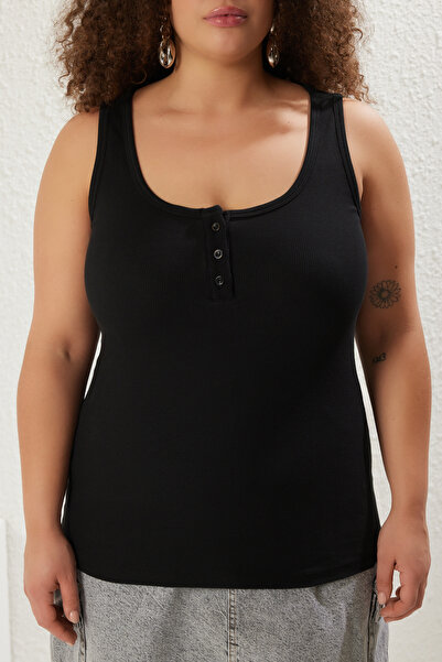 Trendyol Curve Plus Size Ribbed Knitted Undershirt - Black Pool Collar with Button Detail Tbbss25Cv00005