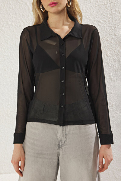 Trendyol Collection Black Tulle Fitted/Fitted Stretchy Knitted Shirt Twoss25Go00045