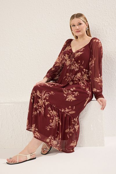 Trendyol Curve Burgundy Chiffon Floral Long Sleeve Guipes Midi Woven Plus Size Dress Tbbss25Ah00026