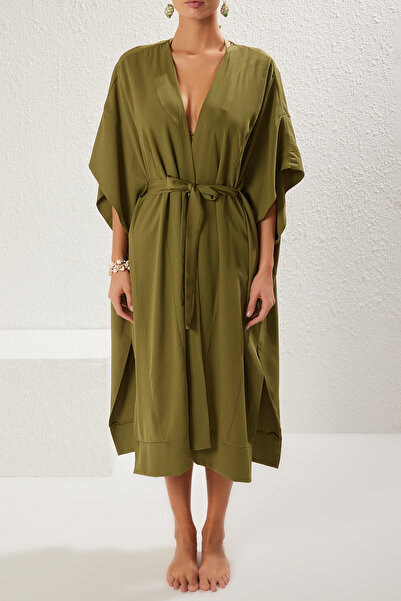 Trendyol Collection Khaki*003 Straight Long Viscous Kimono and Kaftan - 61% Polyester