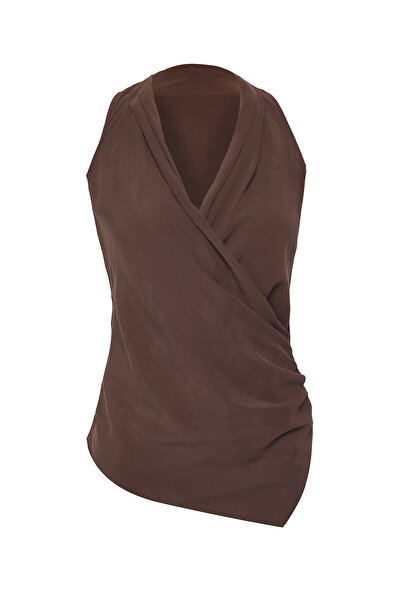 Trendyol Collection Περιορισμένης έκδοσης καφέ Modal υφαντή μπλούζα με διπλό στήθος TWOSS25BZ00363