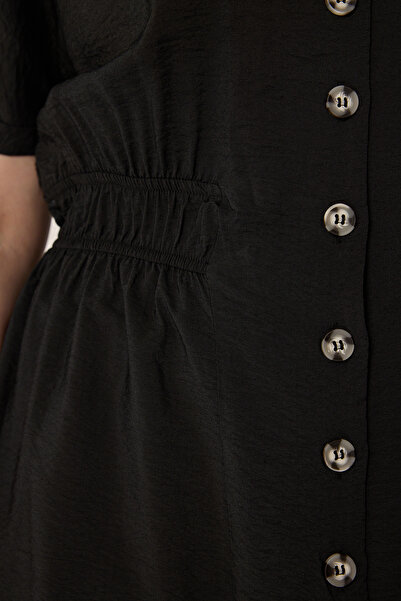 Trendyol Curve Black Shirt Collar Elastic Waist Button Woven Plus Size Dress Tbbss25Ah00068
