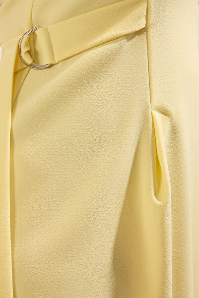 Trendyol Curve Light Yellow Midi Length Woven Plus Size Dress with Adjustable Accessories in Waist Tbbss25Ah00100