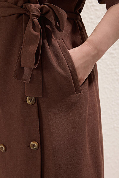 Trendyol Curve Καφέ Φόρεμα με διπλό στήθος υφαντό λινό μείγμα TBBSS24AH00068