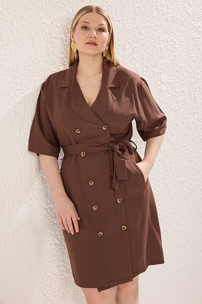 Trendyol Curve Brown Double Breasted Closure Woven Jacket Linen Blended Dress Tbbss24Ah00068