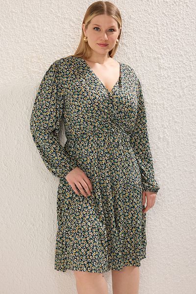 Trendyol Curve Yellow-Multicolor Camisole Knitted Plus Size Dress