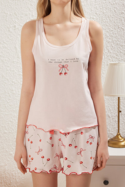 Trendyol Collection Sada pyžama se stuhou a mašlí – růžová, 100% bavlna, šortky s třešňovým potiskem Thmss25Pt00186