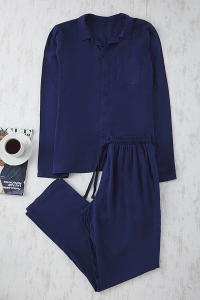 Trendyol Collection Σετ πιτζάμες Navy Blue More Sustainable Fine Weaving - TMNAW25PT00056
