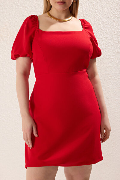 Trendyol Curve Red Square Neck Lining with Shorts Balloon Sleeves Woven Plus Size Dress Tbbss25Ah00079