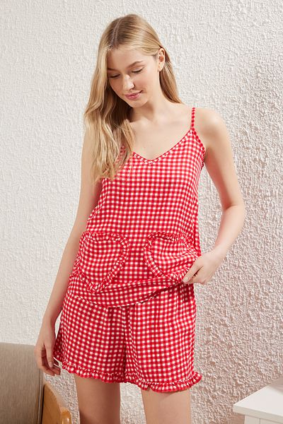 Trendyol Collection Plaid Pattern Red Heart and Ruffle Shorts Pajama Set - Thmss25Pt00221