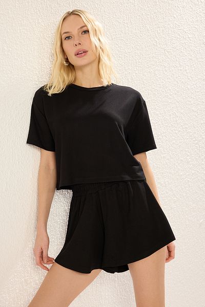 Trendyol Collection Soft Button Black T-Shirt and Shorts Set - Twoss24Au00056