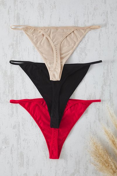 Trendyol Curve Baumwoll-String-Slip in Übergröße, 3er-Set – Schwarz, Haut, Rot TBBAW23CM00002