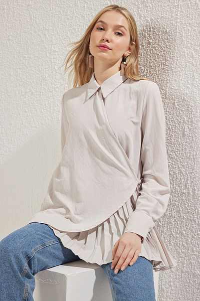 Trendyol Modest Stein-Hemd, zweireihig, mit Krawatte und Falten, detailliertes gewebtes Hemd TCTSS25TG00016