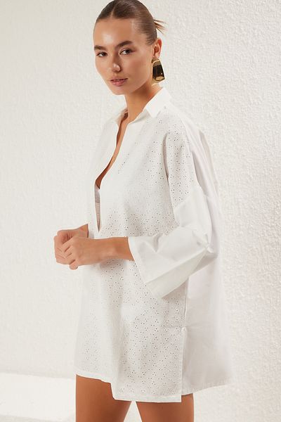 Trendyol Collection Λευκό*001 Μίνι υφαντό ριγέ 53% πολυεστέρας, 47% βαμβακερό φόρεμα