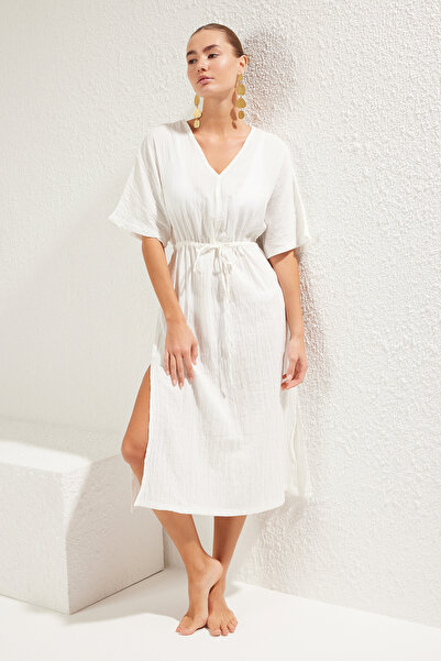 Trendyol Collection Fehér*001 Sima normál Midi szőtt 100% pamut ruha