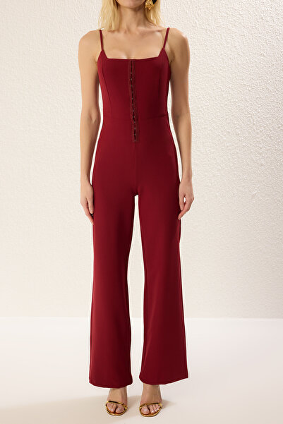 Trendyol Collection Weinroter, karierter, gewebter, stilvoller Overall mit weitem Bein TPRSS25TU00010