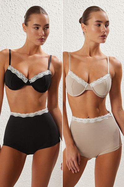 Trendyol Collection Schwarz-beige 2-teilige Single-Jersey-Boxershorts THMSS25KU00025