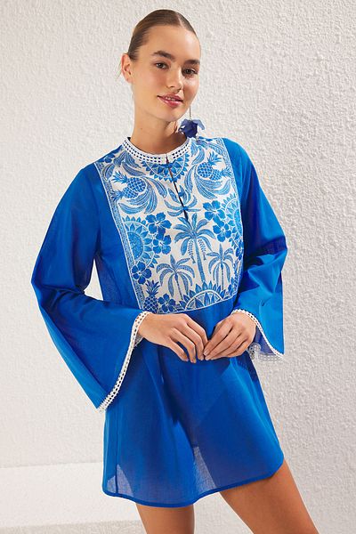 Trendyol Collection Blue-Multicolor Ethnic Relaxed Mini Woven 100% Polyester Dress