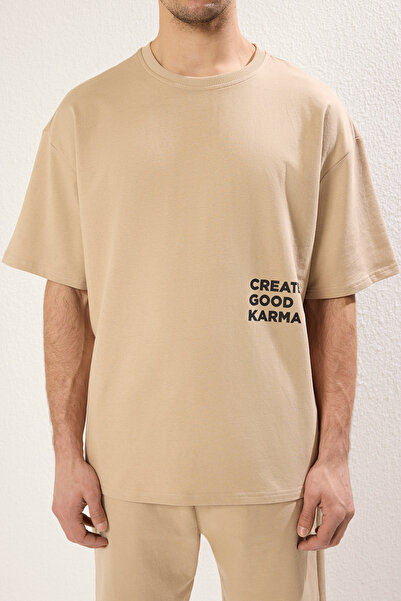 Trendyol Collection Beige Tracksuit Set Relaxed/Casual Cut Lettering Printed Cotton Tmnss23Em00001