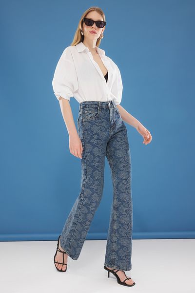 Trendyol Collection Blugi jacquard cu talie înaltă cu picioare largi TWOSS25JE00199