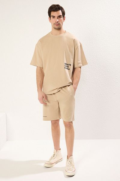Trendyol Collection Trening bărbați din bumbac bej - Potrivire relaxată, text imprimat TMNSS23EM00001