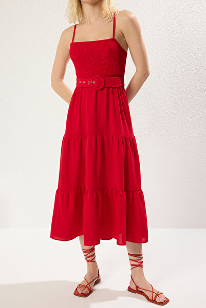 Trendyol Collection Red Straight Hem Waist Opening Midi Woven Dress Twoss21El1929