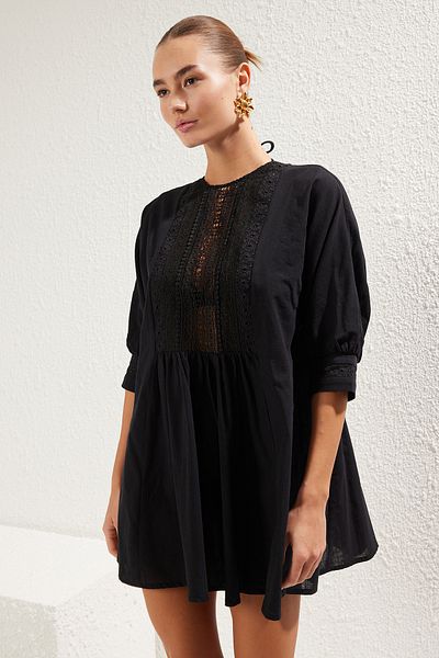 Trendyol Collection Černé*001 Šaty z obyčejné midi tkané krajky ze 100% bavlny