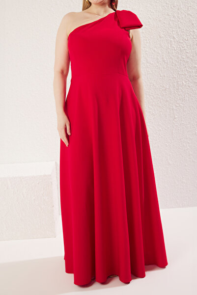 Trendyol Curve Rochie de seară țesătă cu fundă roșie cu un singur umăr - Rochie de seară/de absolvire/de logodnă TBBSS25AH00053