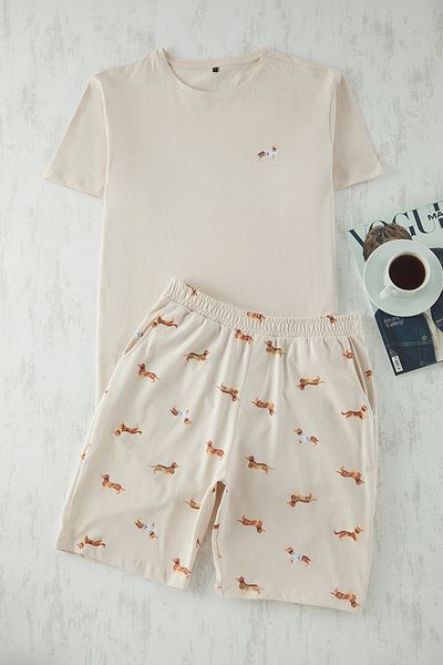 Trendyol Collection Ανδρικό σετ πλεκτό σορτς με στάμπα μπεζ κανονική εφαρμογή THMSS21PT0920