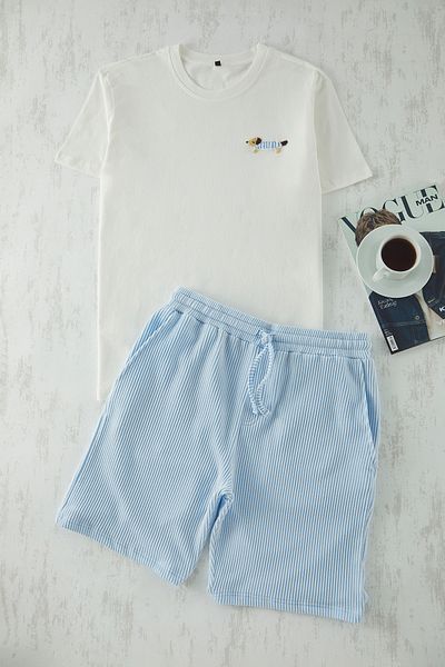 Trendyol Collection Ecru Blue Regular Fit Pruhovaná vyšívaná pyžamová sada pro psy - TMNSS25PT00007
