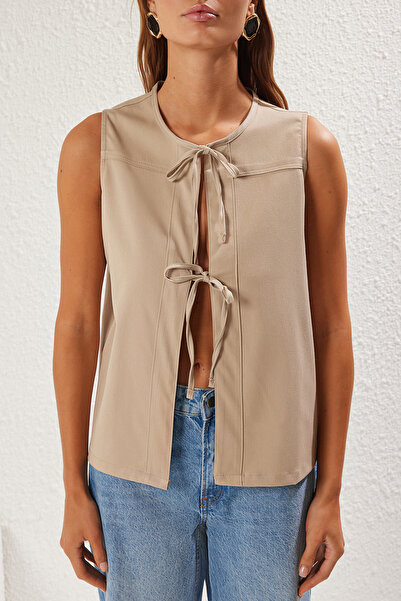 Trendyol Collection Beige Crew Neck Lacing Detail Woven Vest Twoss25Ye00030