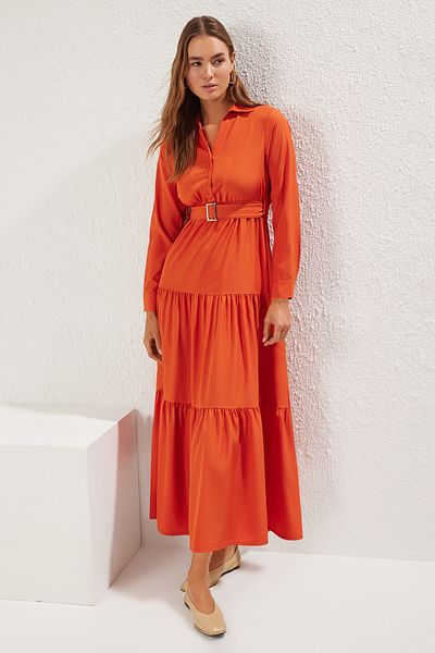 Trendyol Modest Tile Belt a Line/Bell Cut Maxi Knitted Dress Tctss25El00002
